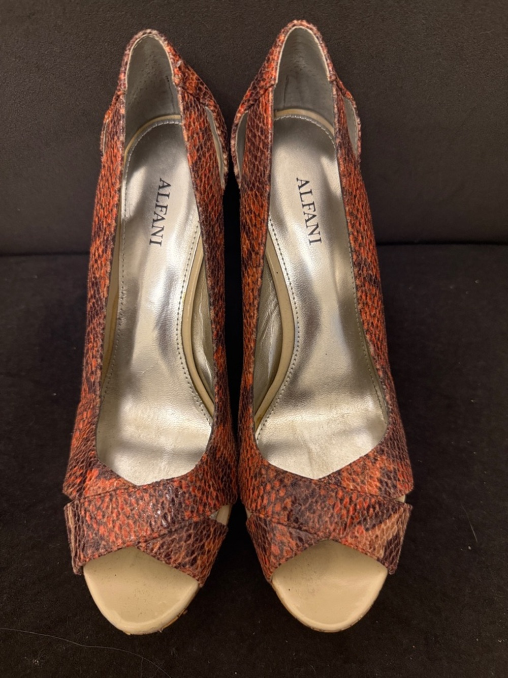 Alfani Red Snakeskin Peep-Toe Heels with Beige Toe